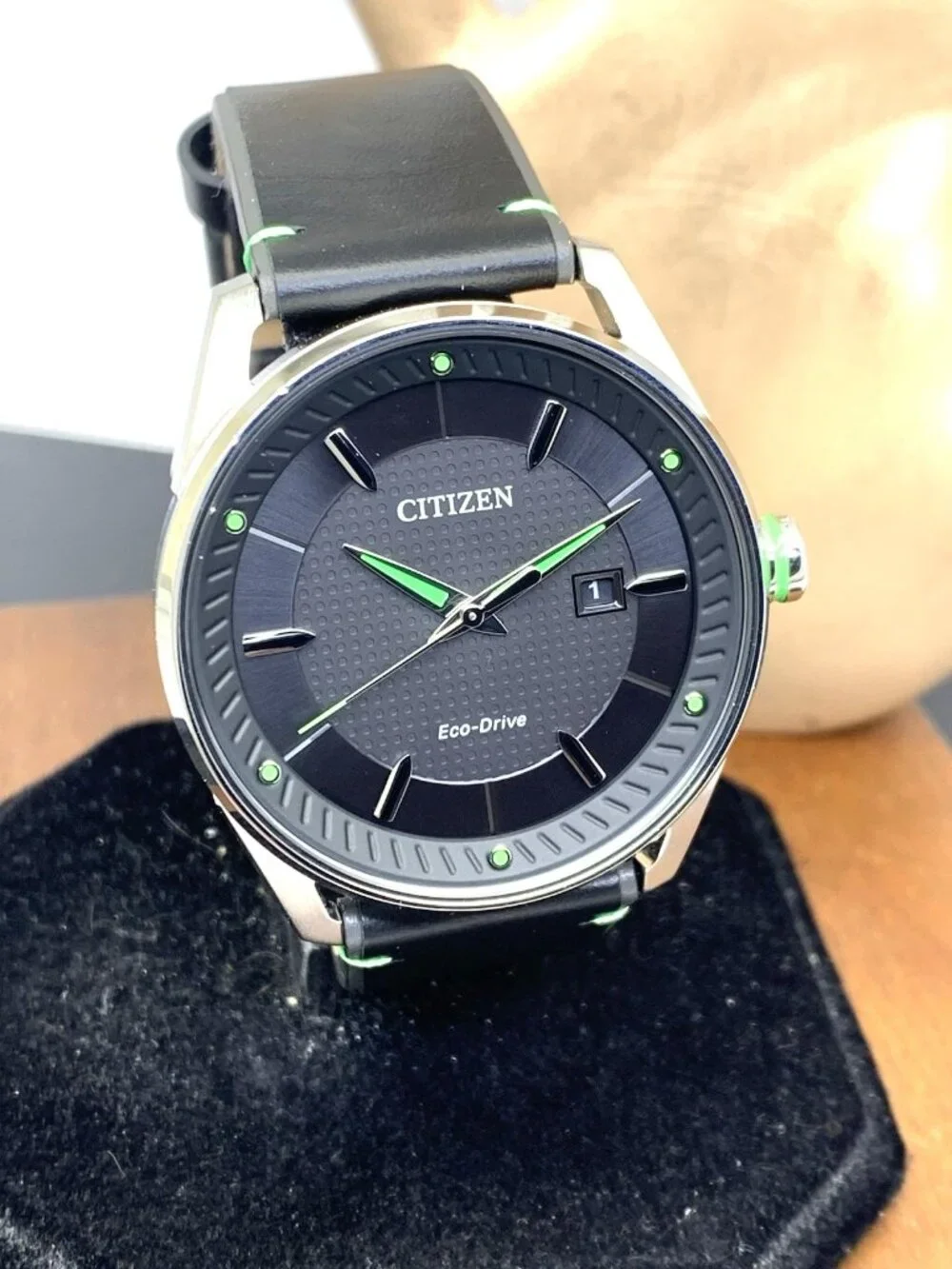 Citizen Men's Watch BM6980-08E Eco-Drive Green Black Dial Leather Band 42mm